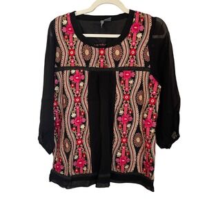 ANU by Natural Size S Black Sheer Boho Embroidered Blouse 3/4 Sleeve Artsy